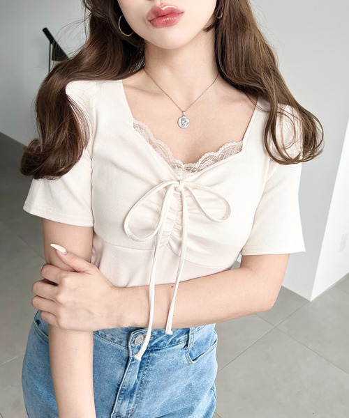 moment+（モーメントプラス）の「無地＆ドット＆花柄プリントフロントレース半袖ギャザーリボントップス（Tシャツ/カットソー・レディース・アイボリー/杢グレー/ホワイト系その他/グレー系その他/ブラック/ブラック系その他/ホワイト系その他2/ブラック系その他2/イエロー系その他/ネイビー/ブルー系その他/ピンク/ネイビー系2/ブルー/イエロー・M/L）」の20枚目の写真