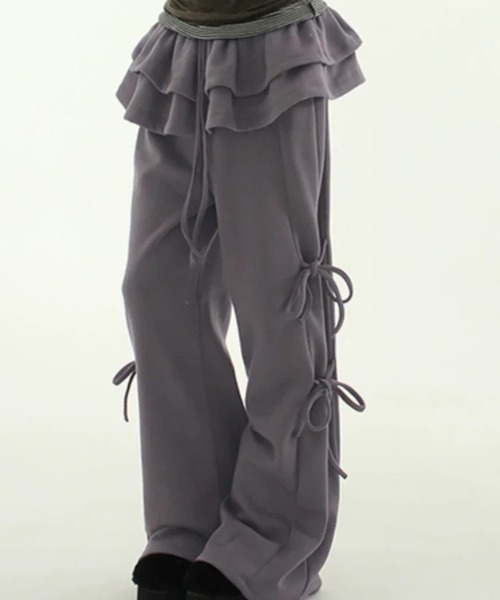 HALEY PESCA（ヘーリーペスカ）の「HALEY PESCA/レイヤードスカート　フリル　リボンスウェットパンツ（スウェットパンツ・レディース・チャコール/グレー・FREE）」の5枚目の写真