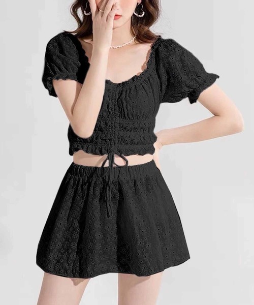 セール】総レースオフショルダートップス＆フレアスカート 2点セット