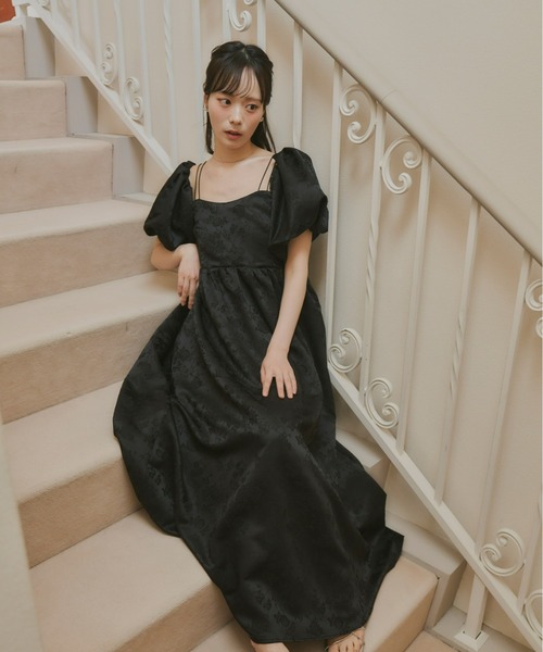 ルールロジェットシャーリングAラインパフスリーブワンピース Lace Ladies スクエアネック パフスリーブ シャーリング