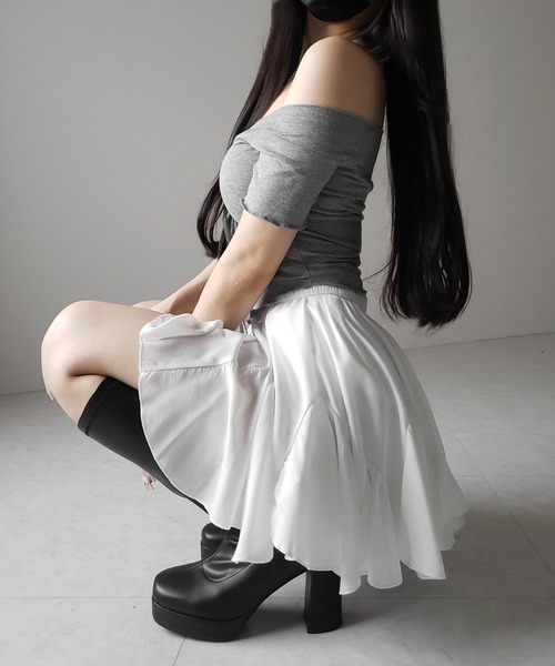 me+em select(ミームセレクト)の「※※【 2color /インパン裏地付き 】ハイウエストドレープフレアミニスカート / high waist draped flare mini skirt(スカート・レディース・ブラック/ホワイト・FREE)」の12枚目の写真