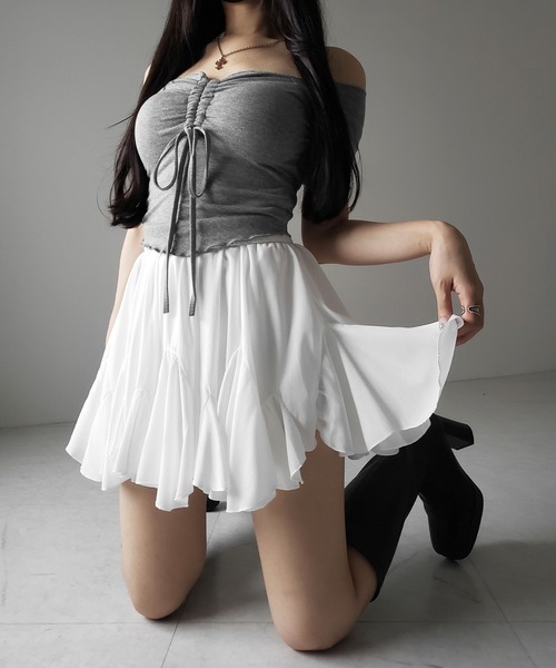 me+em select(ミームセレクト)の「※※【 2color /インパン裏地付き 】ハイウエストドレープフレアミニスカート / high waist draped flare mini skirt(スカート・レディース・ブラック/ホワイト・FREE)」の13枚目の写真
