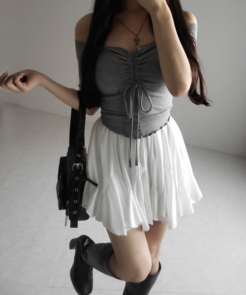 me+em select(ミームセレクト)の「※※【 2color /インパン裏地付き 】ハイウエストドレープフレアミニスカート / high waist draped flare mini skirt(スカート・レディース・ブラック/ホワイト・FREE)」の14枚目の写真