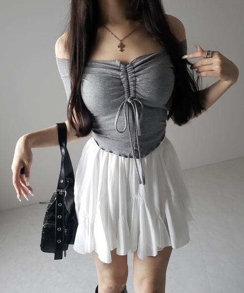 me+em select(ミームセレクト)の「※※【 2color /インパン裏地付き 】ハイウエストドレープフレアミニスカート / high waist draped flare mini skirt(スカート・レディース・ブラック/ホワイト・FREE)」の16枚目の写真