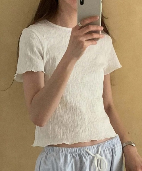 LAFFMO（ラフモ）の「しわ加工クルーネックTシャツ（Tシャツ/カットソー・レディース・ブラック/ホワイト/グレー・F）」の2枚目の写真