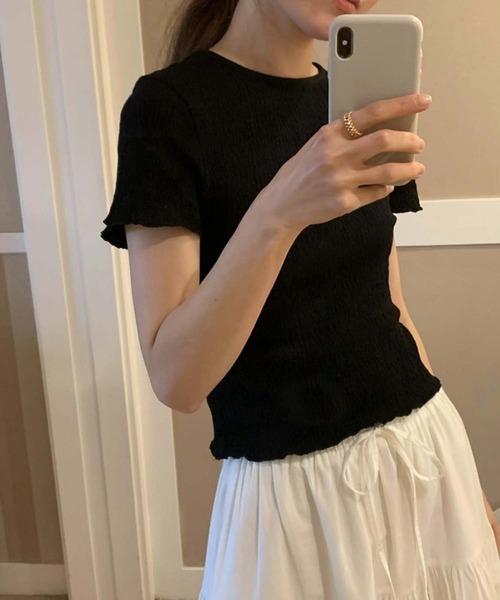 LAFFMO（ラフモ）の「しわ加工クルーネックTシャツ（Tシャツ/カットソー・レディース・ブラック/ホワイト/グレー・F）」の6枚目の写真