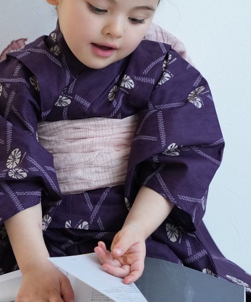 キッズ浴衣3点セット ニコアンティーク 紫にかごめ絞り柄の紋白蝶
