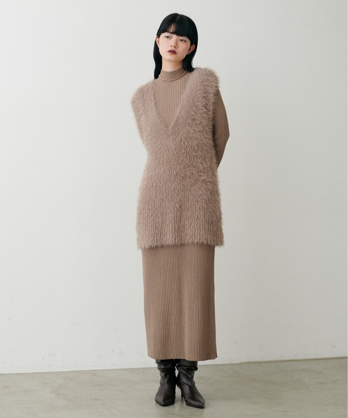 セール】【LARUTA】選べるリブニットワンピース×フェザーベストセット
