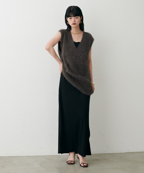 natural coutureフェザーペプラムベスト+リブタイトワンピースSET