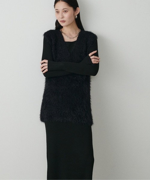 LARUTA】選べるリブニットワンピース×フェザーベストセット