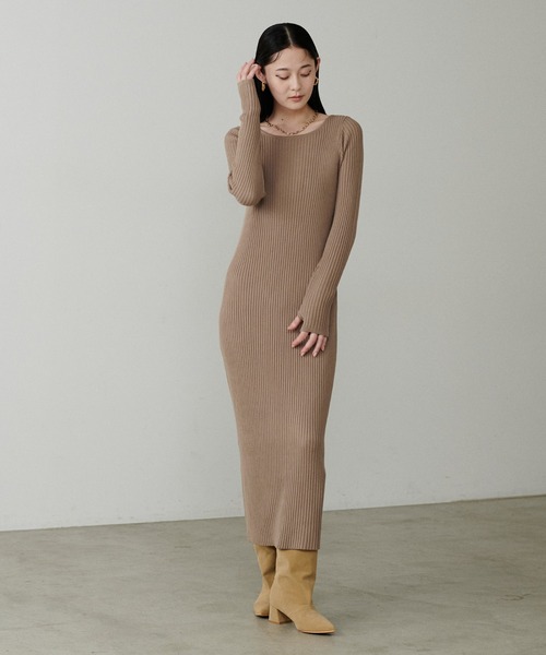 LARUTA ロングニットワンピース ベストセット LARUTA】選べるリブニットワンピース×フェザーベストセット