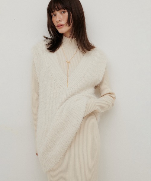 LARUTA ロングニットワンピース ベストセット LARUTA ワンピース 「LARUTA」リブニットワンピース×フェザー