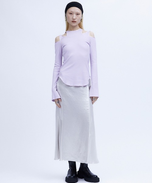 THINGS THAT MATTER（シングス ザット マター）の「BACK SLIT  ACETATE SATIN MAXI SKIRT / バックスリットアセテートサテンマキシスカート（スカート・レディース・ブラック/ライトベージュ/グレー/ラベンダー/ミント/パープル/ブラウン・1/2）」の15枚目の写真