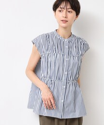【洗える】ストライプ柄ギャザーブラウス