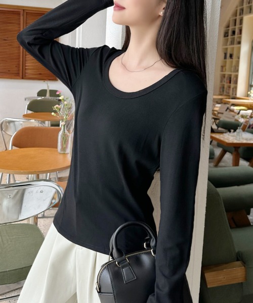Eclat one(エクラワン)の「【Eclat one】ベーシック ディープネック ロングTシャツ(Tシャツ/カットソー・レディース・ネイビー/ホワイト/ブラック/グレー・FREE)」の12枚目の写真