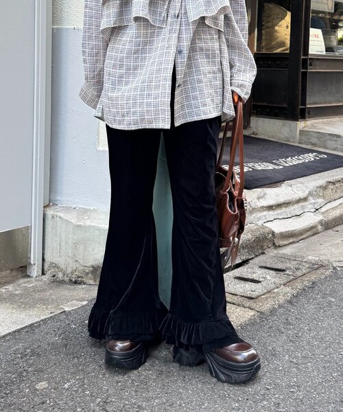 25AW/低身長・高身長サイズ/4色展開】裾フリルベロアパンツ（その他