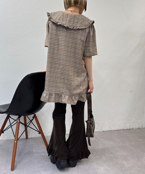 w closet（ダブルクローゼット）の「【25AW/低身長・高身長サイズ/４色展開】裾フリルベロアパンツ（その他パンツ・レディース・ブラック/ブラウン/ベージュ/オレンジ・SMALL/MEDIUM）」の21枚目の写真