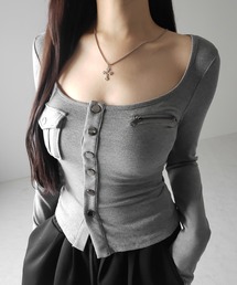 アウトポケットスクエアネック長袖スリムTシャツ /Out pocket square neck long sleeve slim T-shirt