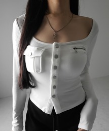 アウトポケットスクエアネック長袖スリムTシャツ /Out pocket square neck long sleeve slim T-shirt