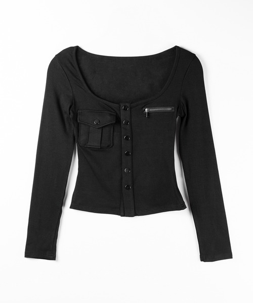 me+em select(ミームセレクト)の「アウトポケットスクエアネック長袖スリムTシャツ /Out pocket square neck long sleeve slim T-shirt(Tシャツ/カットソー・レディース・ブラック/ホワイト/グレー・FREE)」の20枚目の写真