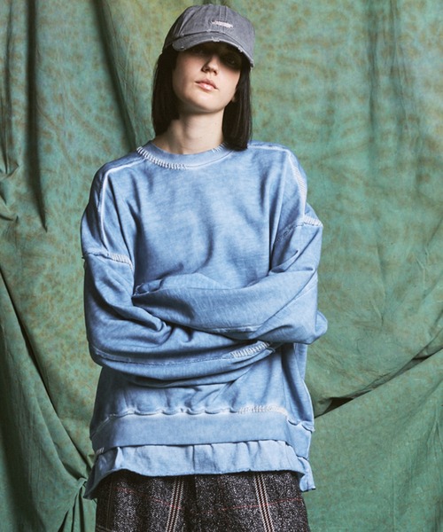 UNISEX》Heavy-Weight Sweat Embroidery Damage Over-Dye Crew Neck