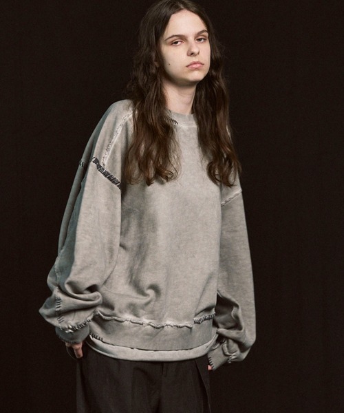 UNISEX》Heavy-Weight Sweat Embroidery Damage Over-Dye Crew