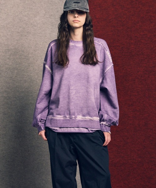 UNISEX》Heavy-Weight Sweat Embroidery Damage Over-Dye Crew