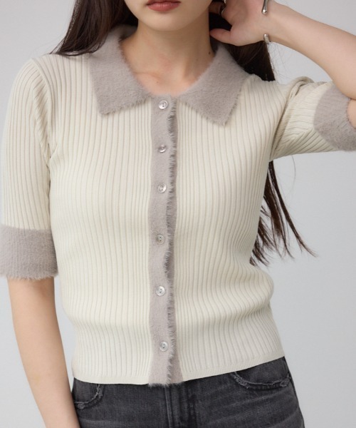 AZUL by moussy(アズールバイマウジー)の「シャギーコンビポロニットトップス(ニット/セーター・レディース・ダークグリーン/アイボリー/ブラック・FREE)」の1枚目の写真