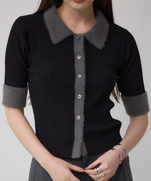 AZUL by moussy(アズールバイマウジー)の「シャギーコンビポロニットトップス(ニット/セーター・レディース・ダークグリーン/アイボリー/ブラック・FREE)」の2枚目の写真