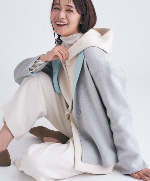 セール】【配色デザイン／ショート丈】ウールリバー ノーカラーコート