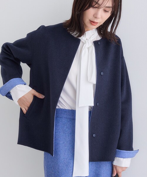 定価3.5万【美品】INDIVI インディヴィ リバーノーカラーショートコート INDIVI｜【配色デザイン/ショート丈】ウールリバー ノーカラーコート