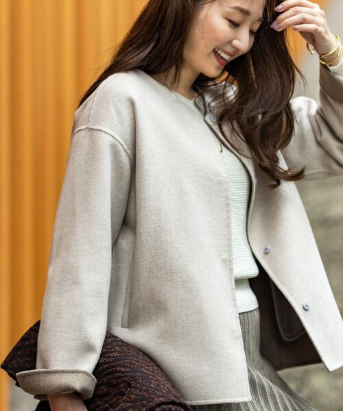 セール】【配色デザイン／ショート丈】ウールリバー ノーカラーコート