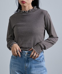 【SETUP7】ボーダー シャーリングハイネックロングTシャツ インナー・抜け感・こなれ感 GLR