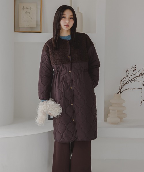 Petitjo（プッチージョ）の「小さいサイズ　ボア切り替えキルティングミドルコート　低身長さん・小柄女性（ノーカラーコート・レディース・ホワイト/ブラウン・PSS/PS/PM/PL）」の3枚目の写真