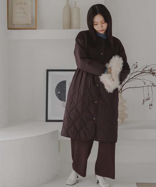 Petitjo（プッチージョ）の「小さいサイズ　ボア切り替えキルティングミドルコート　低身長さん・小柄女性（ノーカラーコート・レディース・ホワイト/ブラウン・PSS/PS/PM/PL）」の4枚目の写真