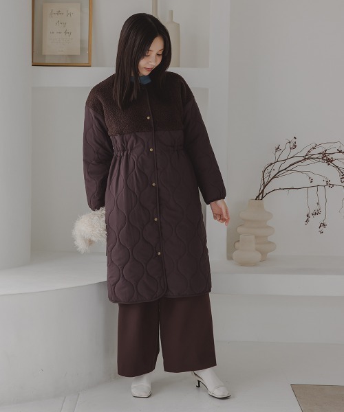 Petitjo（プッチージョ）の「小さいサイズ　ボア切り替えキルティングミドルコート　低身長さん・小柄女性（ノーカラーコート・レディース・ホワイト/ブラウン・PSS/PS/PM/PL）」の6枚目の写真