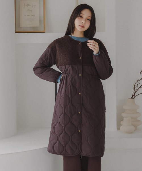 Petitjo（プッチージョ）の「小さいサイズ　ボア切り替えキルティングミドルコート　低身長さん・小柄女性（ノーカラーコート・レディース・ホワイト/ブラウン・PSS/PS/PM/PL）」の7枚目の写真