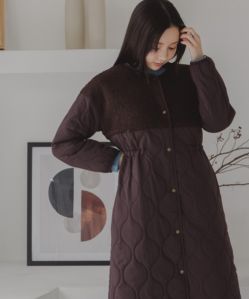 Petitjo（プッチージョ）の「小さいサイズ　ボア切り替えキルティングミドルコート　低身長さん・小柄女性（ノーカラーコート・レディース・ホワイト/ブラウン・PSS/PS/PM/PL）」の8枚目の写真