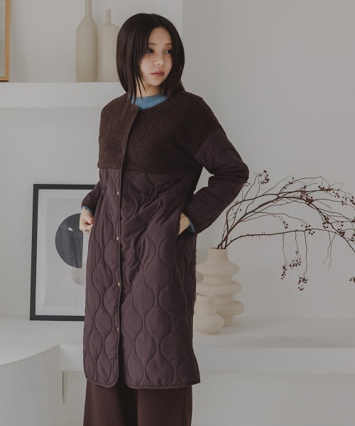 Petitjo（プッチージョ）の「小さいサイズ　ボア切り替えキルティングミドルコート　低身長さん・小柄女性（ノーカラーコート・レディース・ホワイト/ブラウン・PSS/PS/PM/PL）」の9枚目の写真