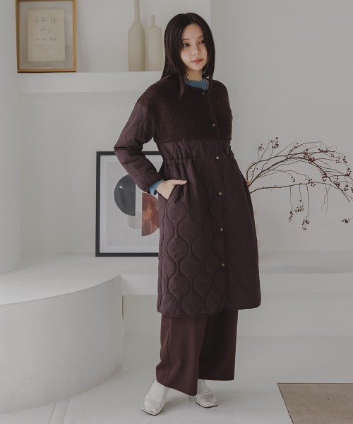 Petitjo（プッチージョ）の「小さいサイズ　ボア切り替えキルティングミドルコート　低身長さん・小柄女性（ノーカラーコート・レディース・ホワイト/ブラウン・PSS/PS/PM/PL）」の10枚目の写真