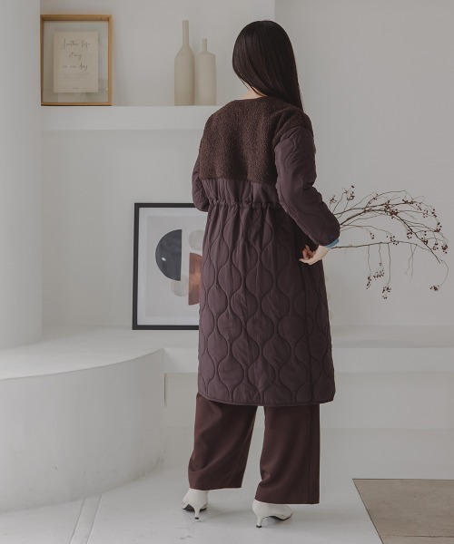 Petitjo（プッチージョ）の「小さいサイズ　ボア切り替えキルティングミドルコート　低身長さん・小柄女性（ノーカラーコート・レディース・ホワイト/ブラウン・PSS/PS/PM/PL）」の11枚目の写真