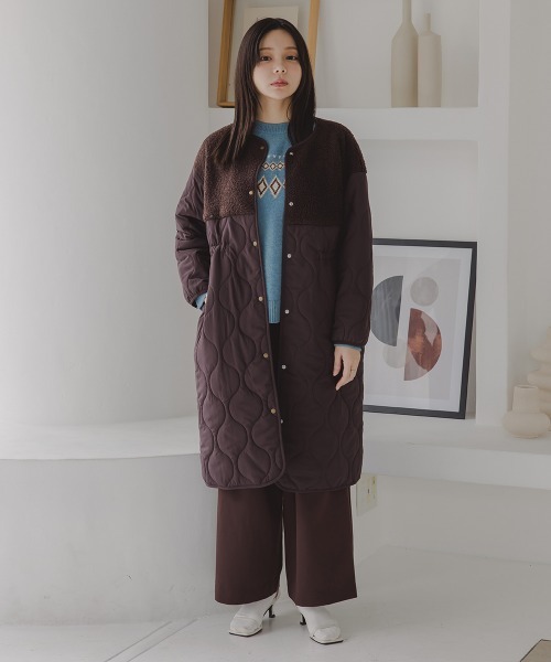 Petitjo（プッチージョ）の「小さいサイズ　ボア切り替えキルティングミドルコート　低身長さん・小柄女性（ノーカラーコート・レディース・ホワイト/ブラウン・PSS/PS/PM/PL）」の12枚目の写真