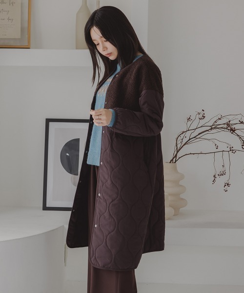Petitjo（プッチージョ）の「小さいサイズ　ボア切り替えキルティングミドルコート　低身長さん・小柄女性（ノーカラーコート・レディース・ホワイト/ブラウン・PSS/PS/PM/PL）」の14枚目の写真