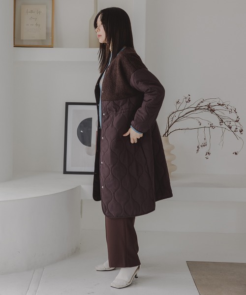 Petitjo（プッチージョ）の「小さいサイズ　ボア切り替えキルティングミドルコート　低身長さん・小柄女性（ノーカラーコート・レディース・ホワイト/ブラウン・PSS/PS/PM/PL）」の15枚目の写真
