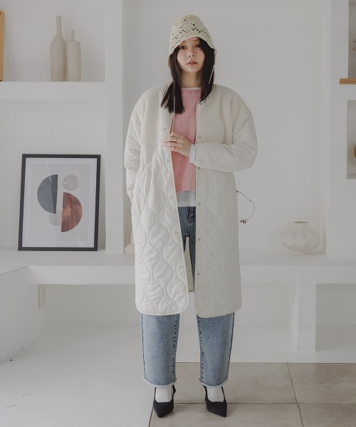 Petitjo（プッチージョ）の「小さいサイズ　ボア切り替えキルティングミドルコート　低身長さん・小柄女性（ノーカラーコート・レディース・ホワイト/ブラウン・PSS/PS/PM/PL）」の17枚目の写真