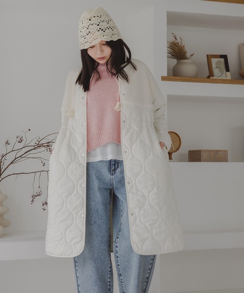 Petitjo（プッチージョ）の「小さいサイズ　ボア切り替えキルティングミドルコート　低身長さん・小柄女性（ノーカラーコート・レディース・ホワイト/ブラウン・PSS/PS/PM/PL）」の18枚目の写真