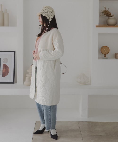 Petitjo（プッチージョ）の「小さいサイズ　ボア切り替えキルティングミドルコート　低身長さん・小柄女性（ノーカラーコート・レディース・ホワイト/ブラウン・PSS/PS/PM/PL）」の20枚目の写真