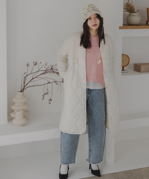 Petitjo（プッチージョ）の「小さいサイズ　ボア切り替えキルティングミドルコート　低身長さん・小柄女性（ノーカラーコート・レディース・ホワイト/ブラウン・PSS/PS/PM/PL）」の22枚目の写真