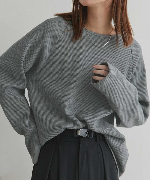 ad thie（アドティエ）の「ラグランスリーブ ワッフルプルオーバー（Tシャツ/カットソー・レディース・チャコール/杢グレー/オフホワイト/ブラック/ダークグレー/ブラウン/イエロー/ライトグレー/ピンク・FREE）」の6枚目の写真