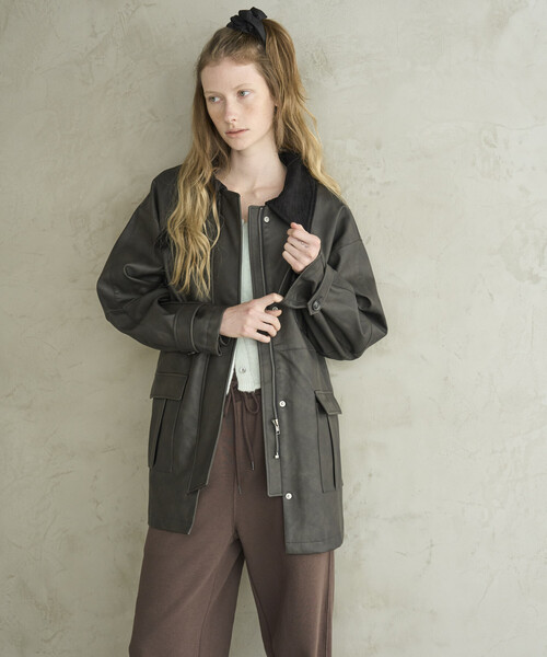 Firsthand（ファーストハンド）の「Firsthand/ファーストハンド オーバーサイズ クラッシュ レザレットジャケット / 衿 コーデュロイ / 2WAY スタンドカラー ブルゾン（ブルゾン・レディース・ブラック/ブラウン・MEDIUM/SMALL）」の3枚目の写真